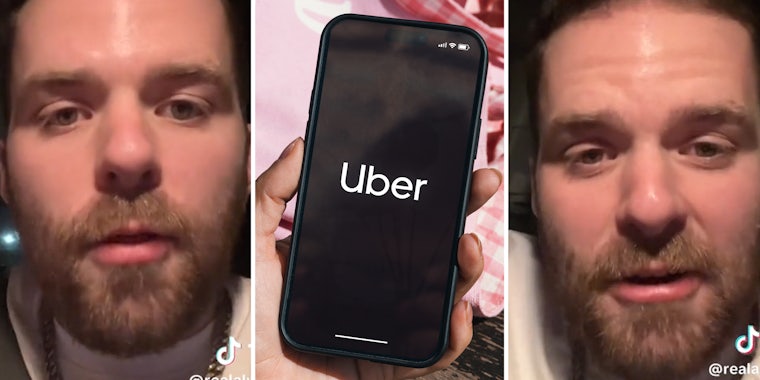 Man talking(l+r), Hand holding phone with uber app(c)