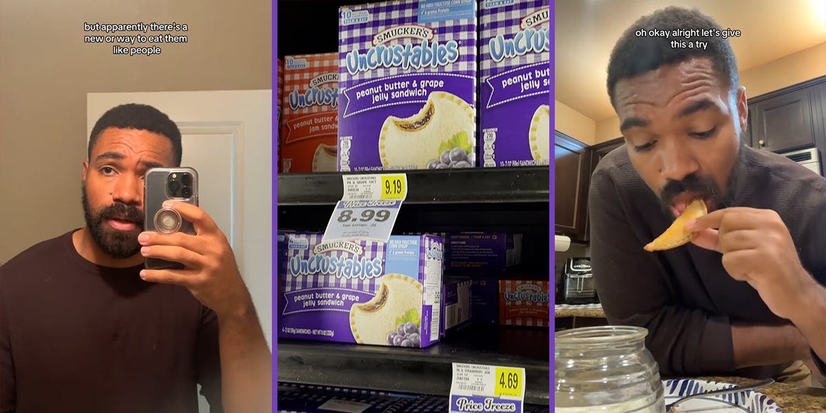 man speaking in mirror with caption "but apparently there's a new or way to eat them like people" (l) Uncrustables on store shelf" (c) man about to bite into Uncrustable with caption "oh okay alright let's give this a try" (r)