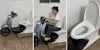 Moped toilet hybrid(l), Woman on toilet(c), Close up of toilet(r)