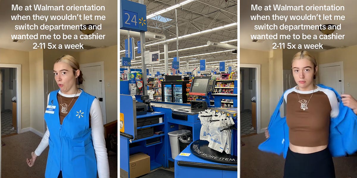 Walmart worker with caption "Me at Walmart orientation when they wouldn't let me switch departments and wanted me to be a cashier 2-11 5x a week" (l) Walmart checkout (c) Walmart worker with caption "Me at Walmart orientation when they wouldn't let me switch departments and wanted me to be a cashier 2-11 5x a week" (r)