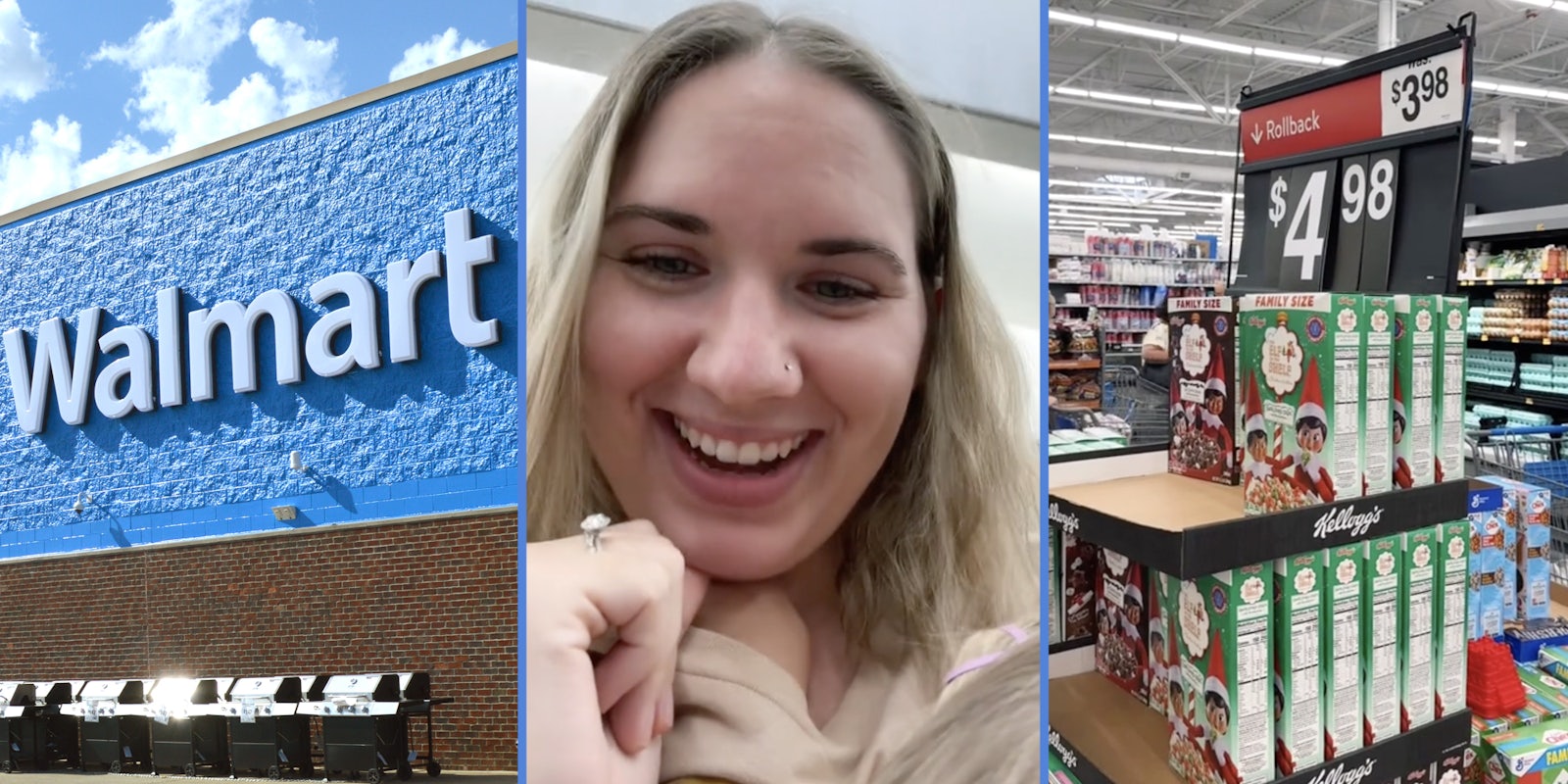 Walmart store(l), Woman talking(c), Cereals stacked(r)