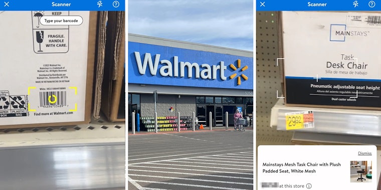 Walmart scan app scanning barcode on item (l) Walmart building (c) Walmart scan app showing cheaper price than on tag for Desk Chair (r)
