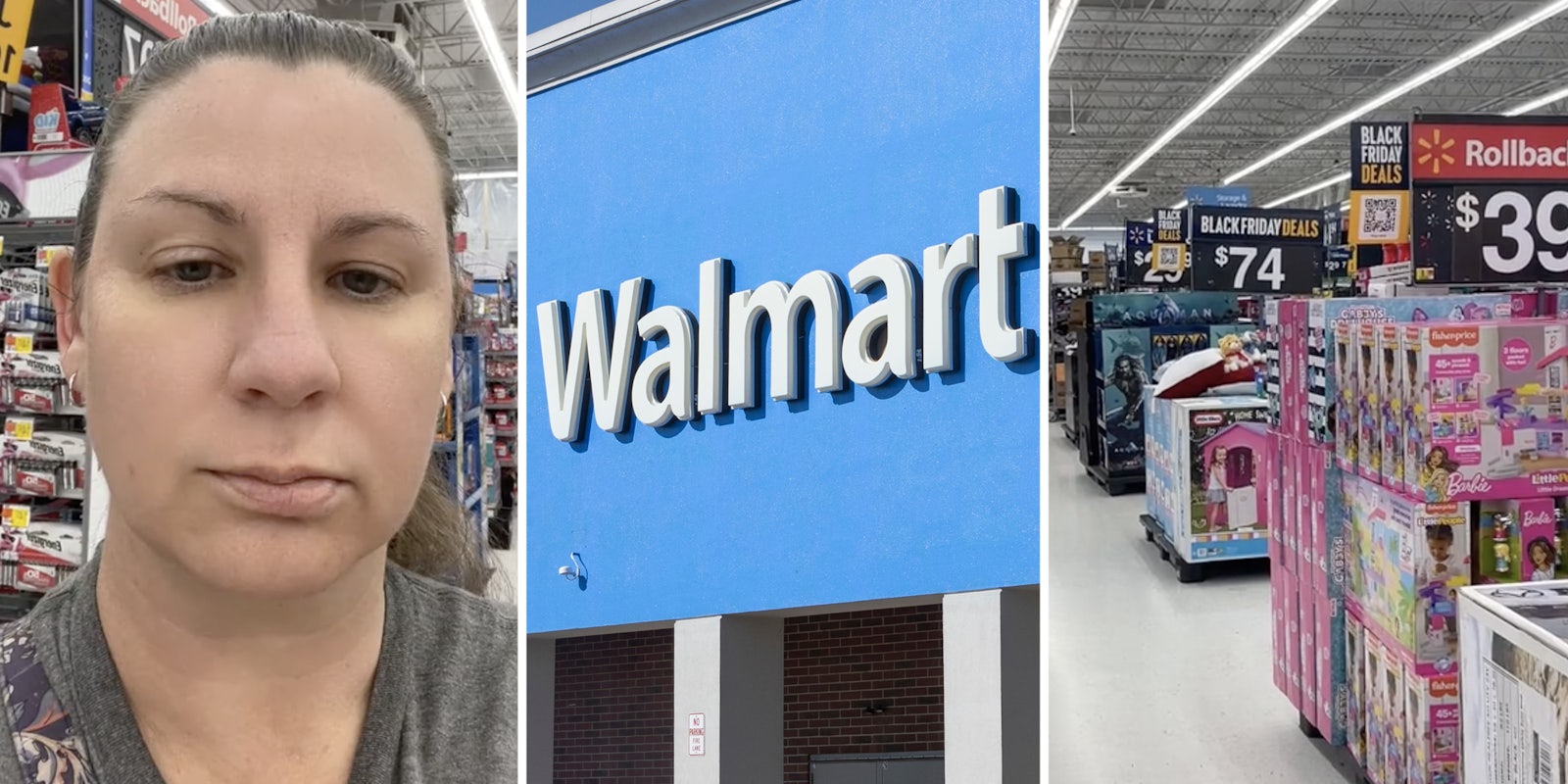 Woman(l), Walmart storefront(c), Stocked items(r)