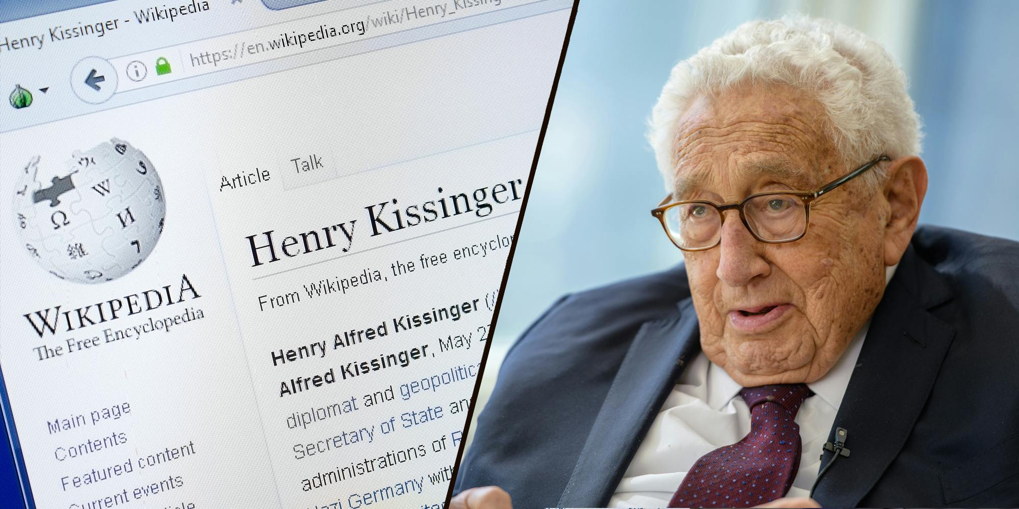 Henry Kissinger Wikipedia article on computer screen (l) Henry Kissinger in front of light blue background (r)