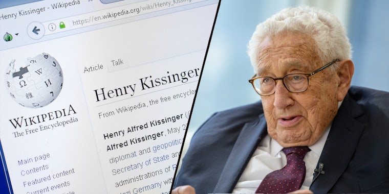 Henry Kissinger Wikipedia article on computer screen (l) Henry Kissinger in front of light blue background (r)