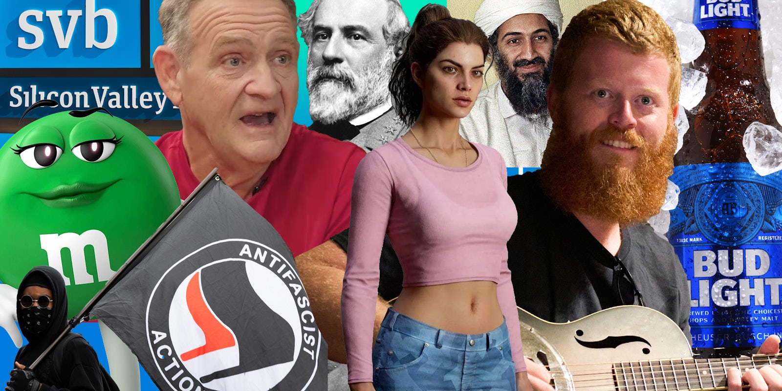 2023 weird news, lady m&ms, silicon valley bank, budlight, antifa, oliver anthony, larry sinclair, robert e lee, osama bin laden, grand theft new main character in a collage