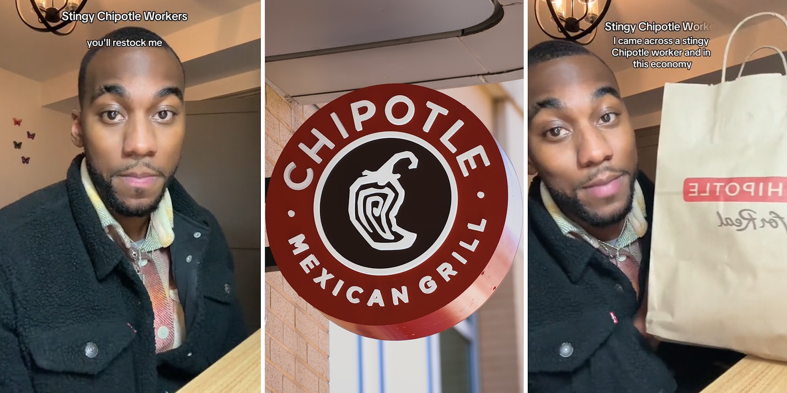 Man Holding up Chipotle Food Bag; Chipotle Sign; Chipotle customer calls out 'stingy' workers for not being 'for the people'