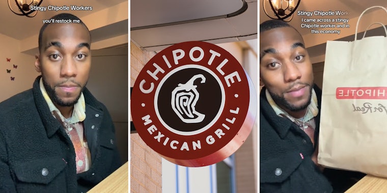 Man Holding up Chipotle Food Bag; Chipotle Sign; Chipotle customer calls out 'stingy' workers for not being 'for the people'