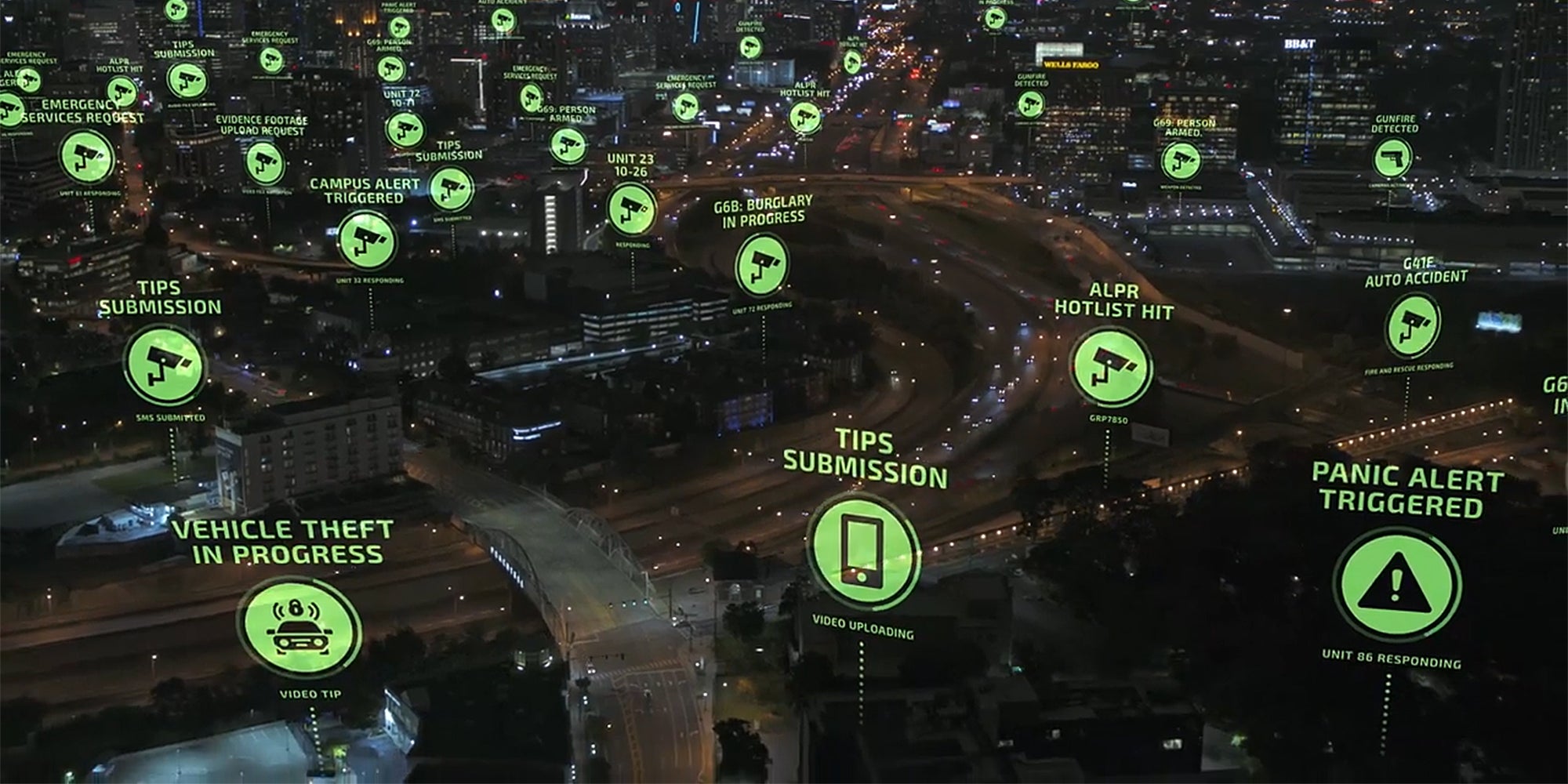 city scene with surveillance icons overlaid in various locations