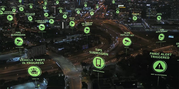 city scene with surveillance icons overlaid in various locations