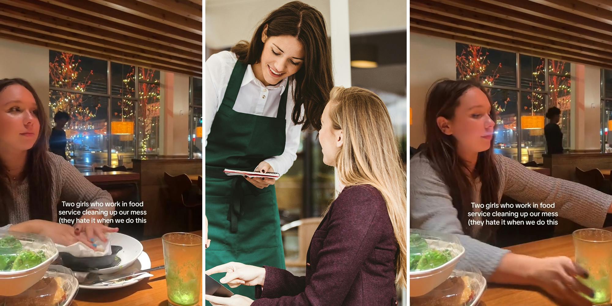 2 food service workers show how they leave their table after going out to eat