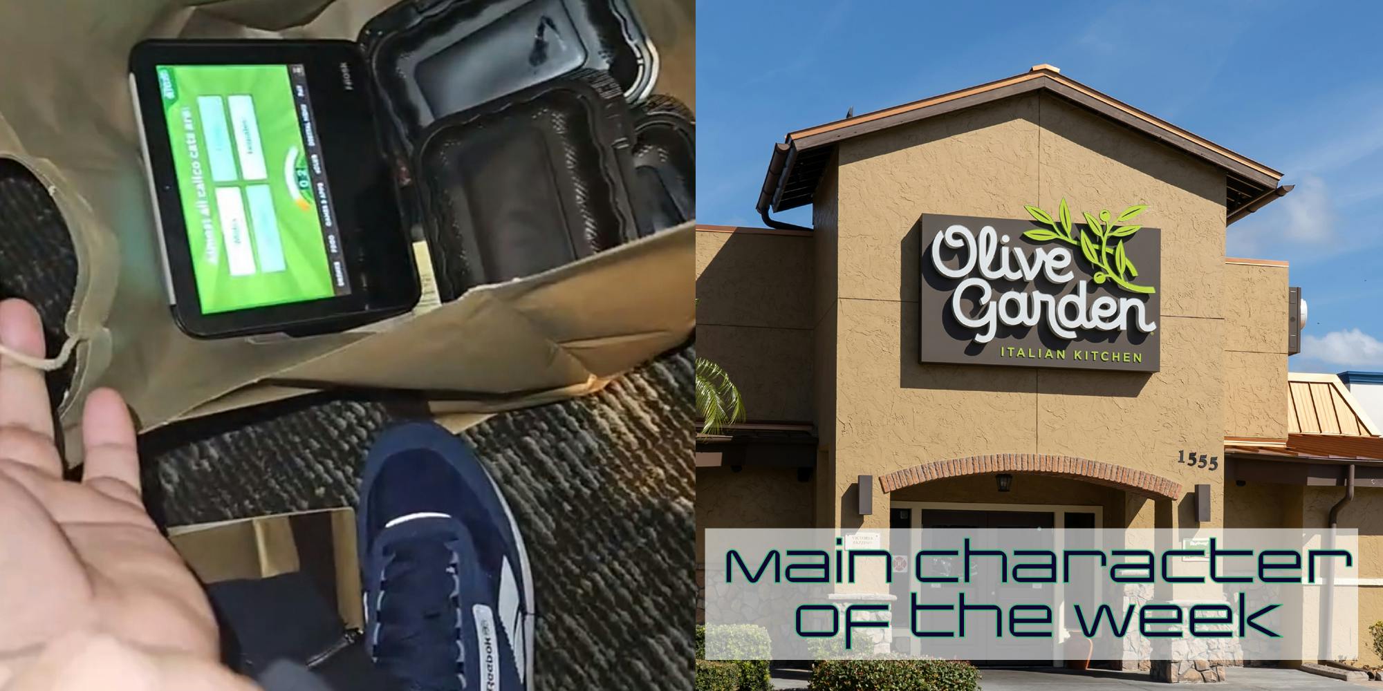 A screenshot of someone putting something into a bag. Next to it is an Olive Garden sign. In the bottom right corner is text that says 'Main Character of the Week' in the Daily Dot newsletter web_crawlr font.