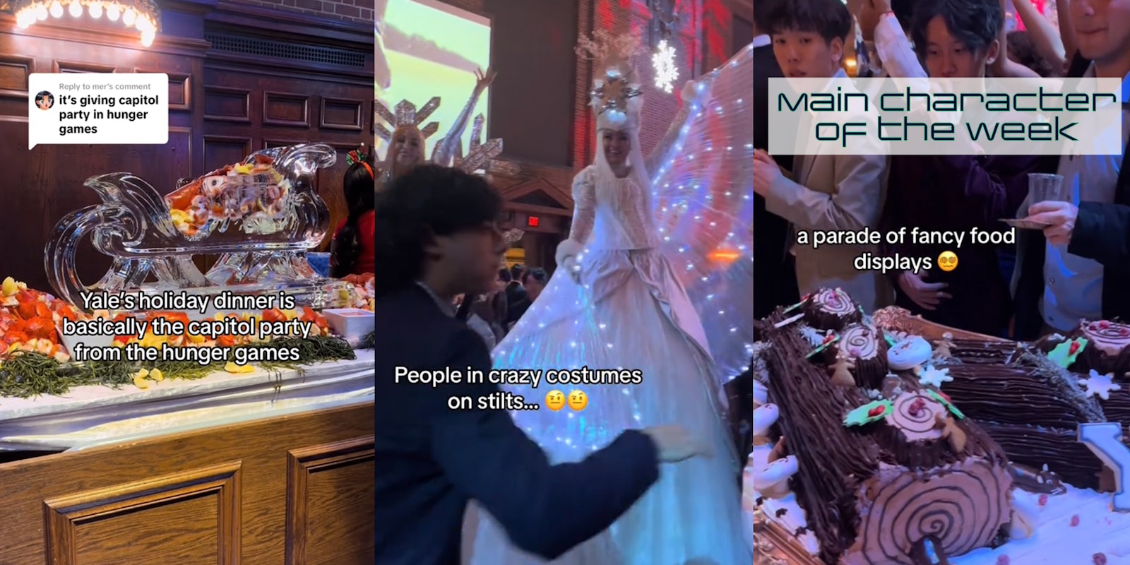 Screenshots from a TikTok showing Yale holiday party. In the top right corner is text that says 'Main Character of the Week' in a Daily Dot newsletter web_crawlr font.