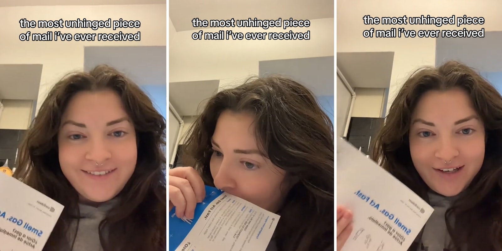 Woman receives ad from gas company with a natural gas scratch-and-sniff