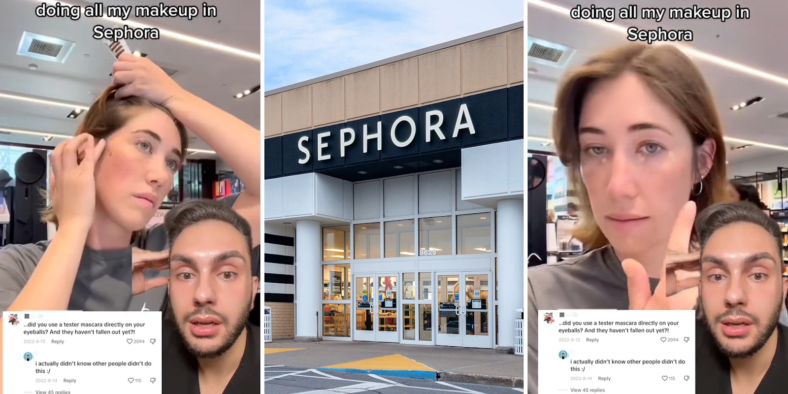 Woman does a full face of makeup with Sephora testers