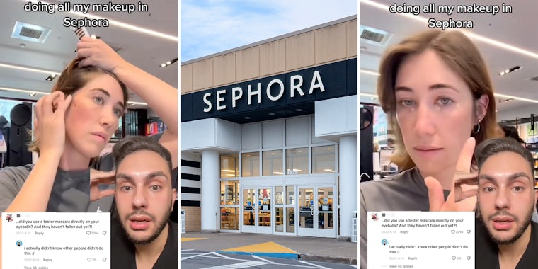 Woman does a full face of makeup with Sephora testers