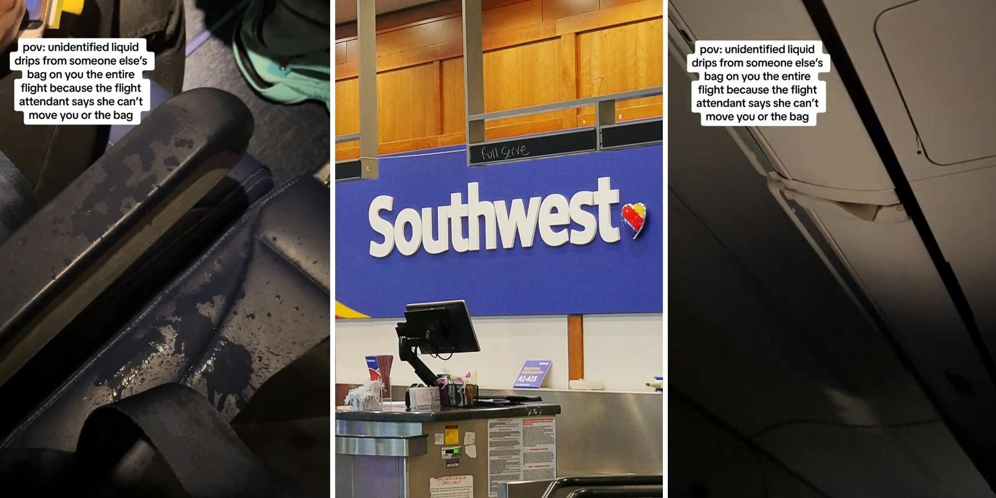 Southwest Airlines passenger gets soaked after liquid drips from someone’s baggage in the overhead bin.