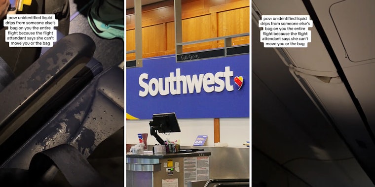 Southwest Airlines passenger gets soaked after liquid drips from someone’s baggage in the overhead bin.