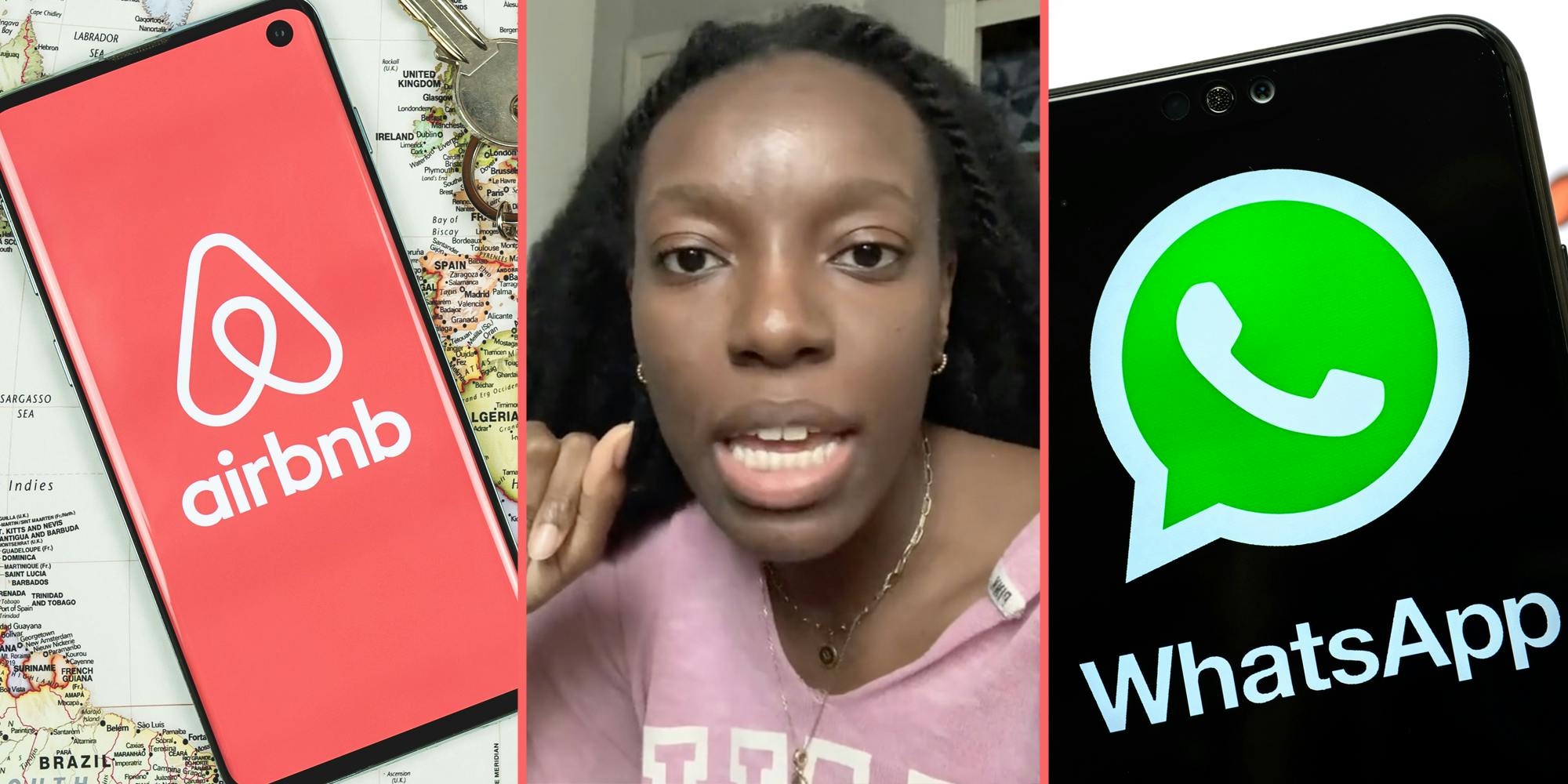 Phone with airbnb app(l), Woman talking(c), WhatsApp on phone(r)