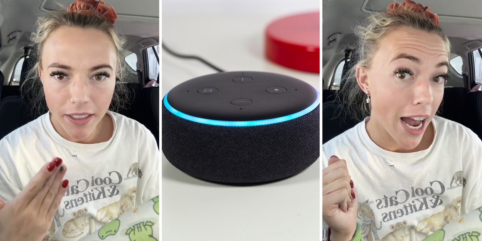 Woman talking(l+r), Amazon Alexa(c)