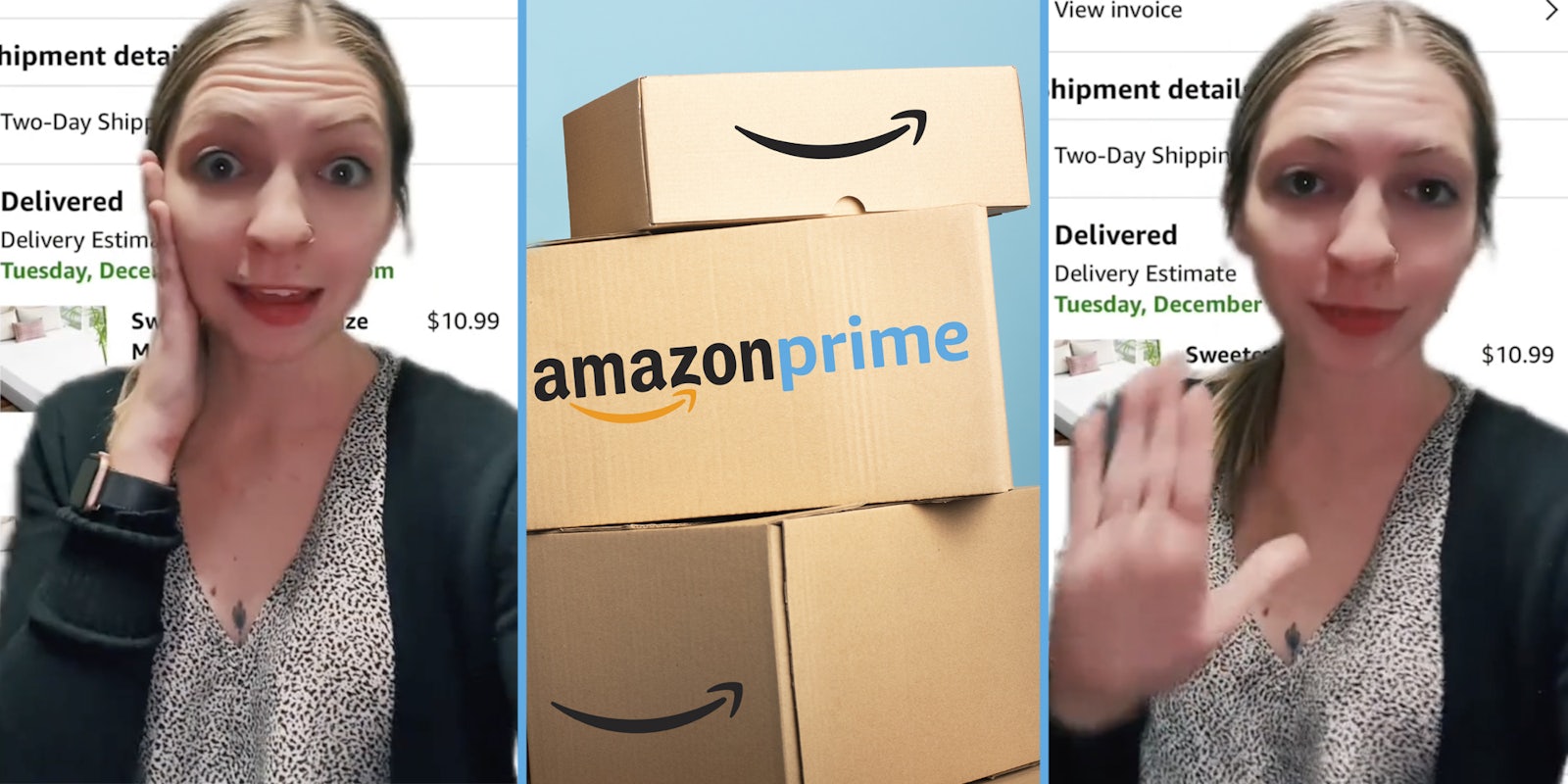 Woman shocked(l+r), Amazon boxes