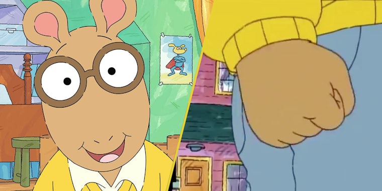 Arthur from the animated cartooon(l), the Arthur fist meme(r)