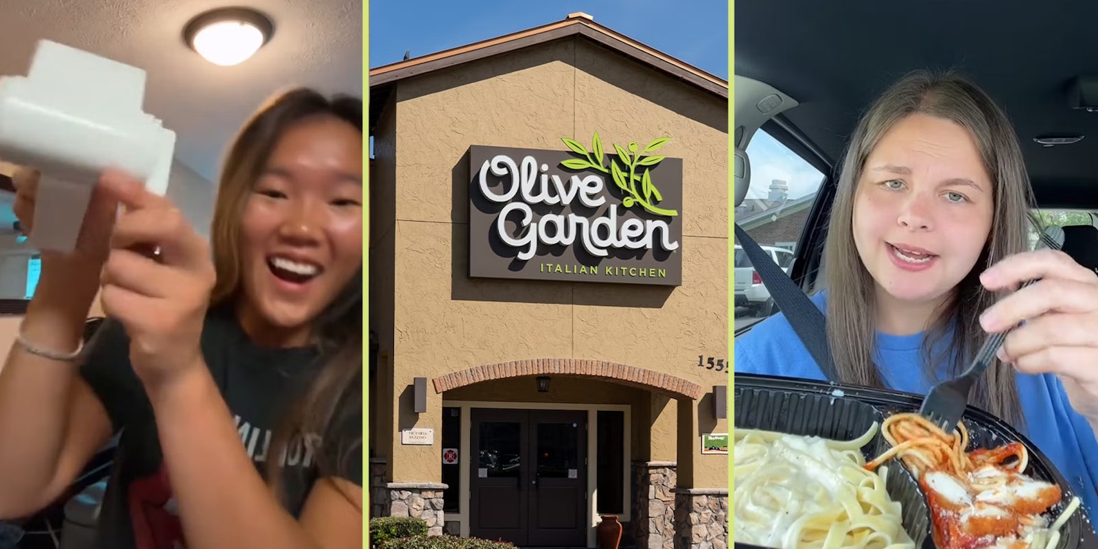Woman with cheese grater(l), Olive Garden restaurant(c), Woman with italian food in car(r)