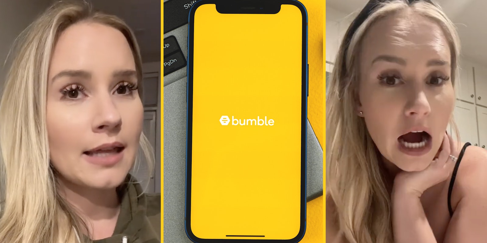 Woman Talking(l+r), Phone with Bumble App(c)