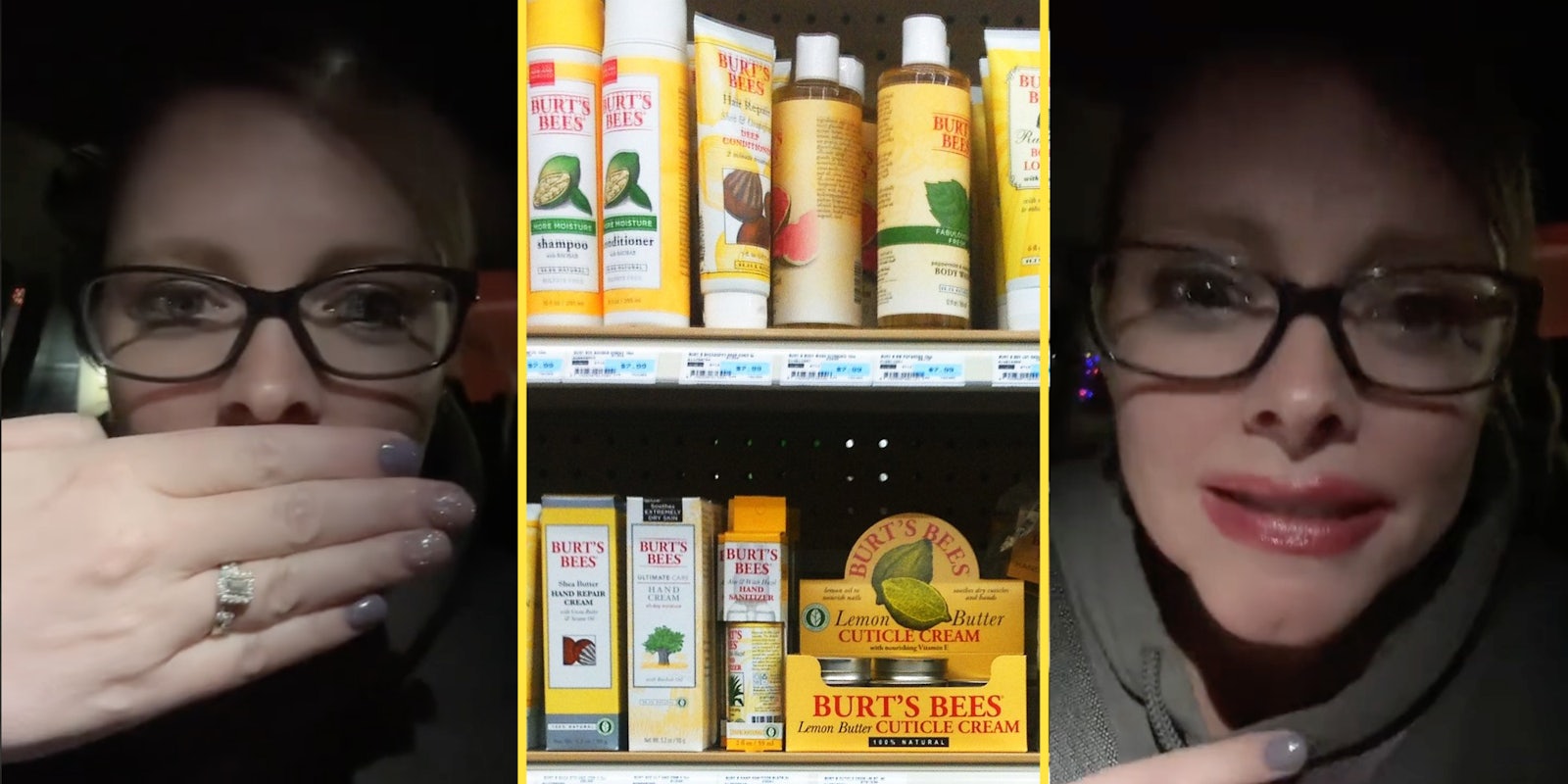Woman covering her mouth(l), Burt's Bees products(c), Woman smiling(r)
