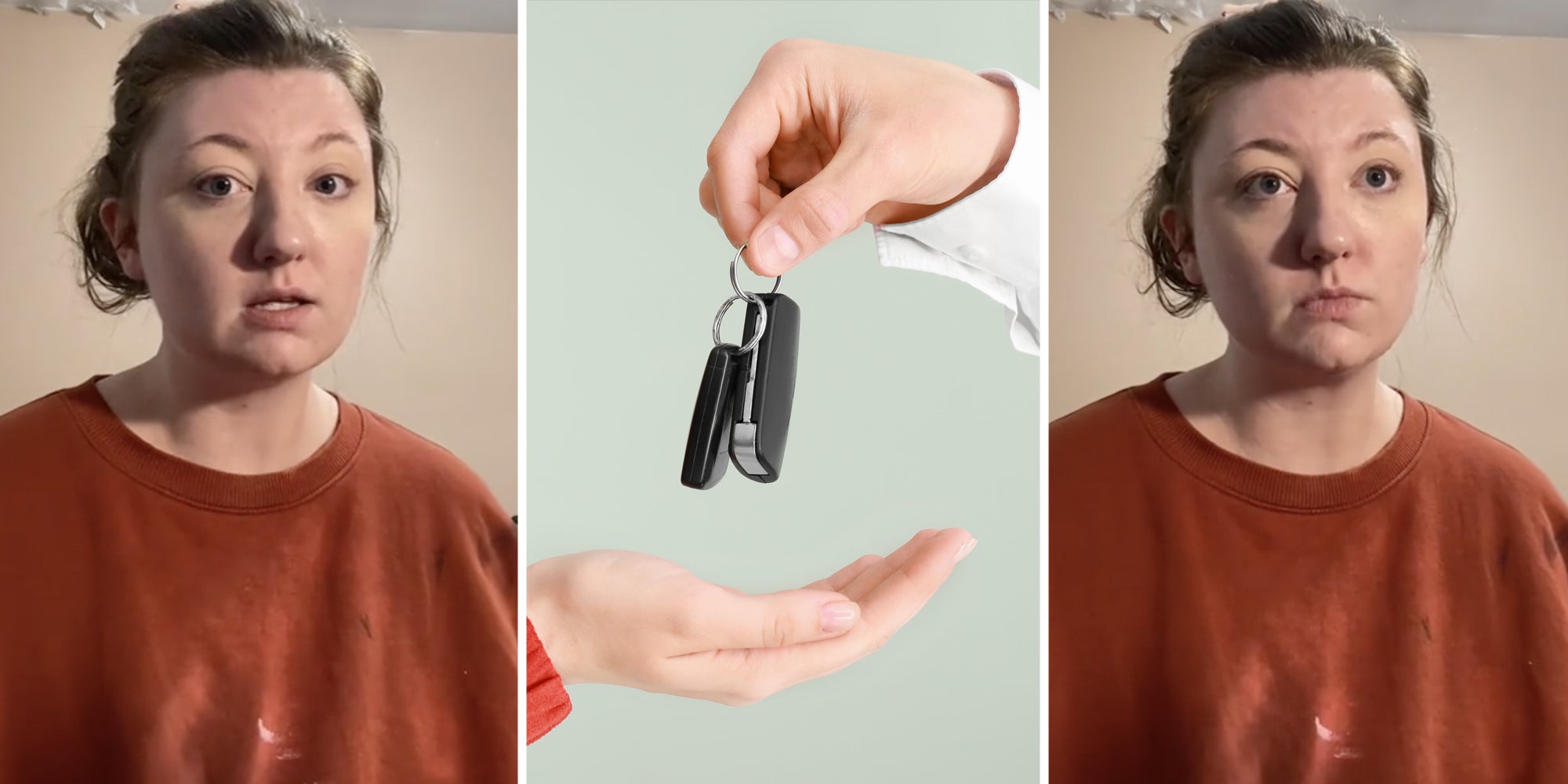 Woman in disbelief(l+r), Hands passing keys(c)