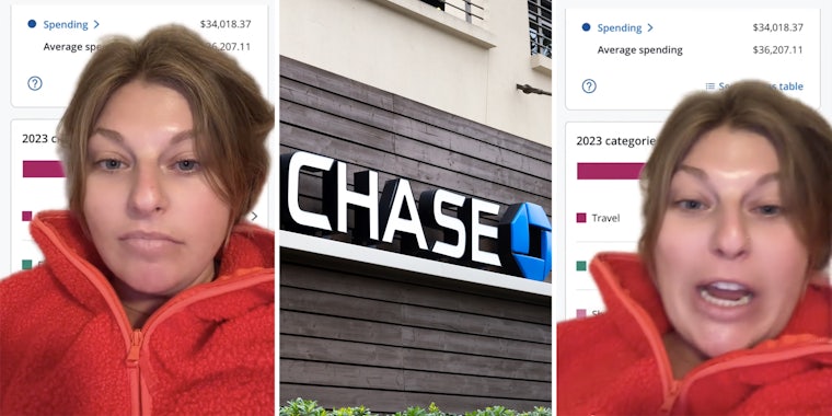 Woman talking(l+r), Chase bank sign(c)