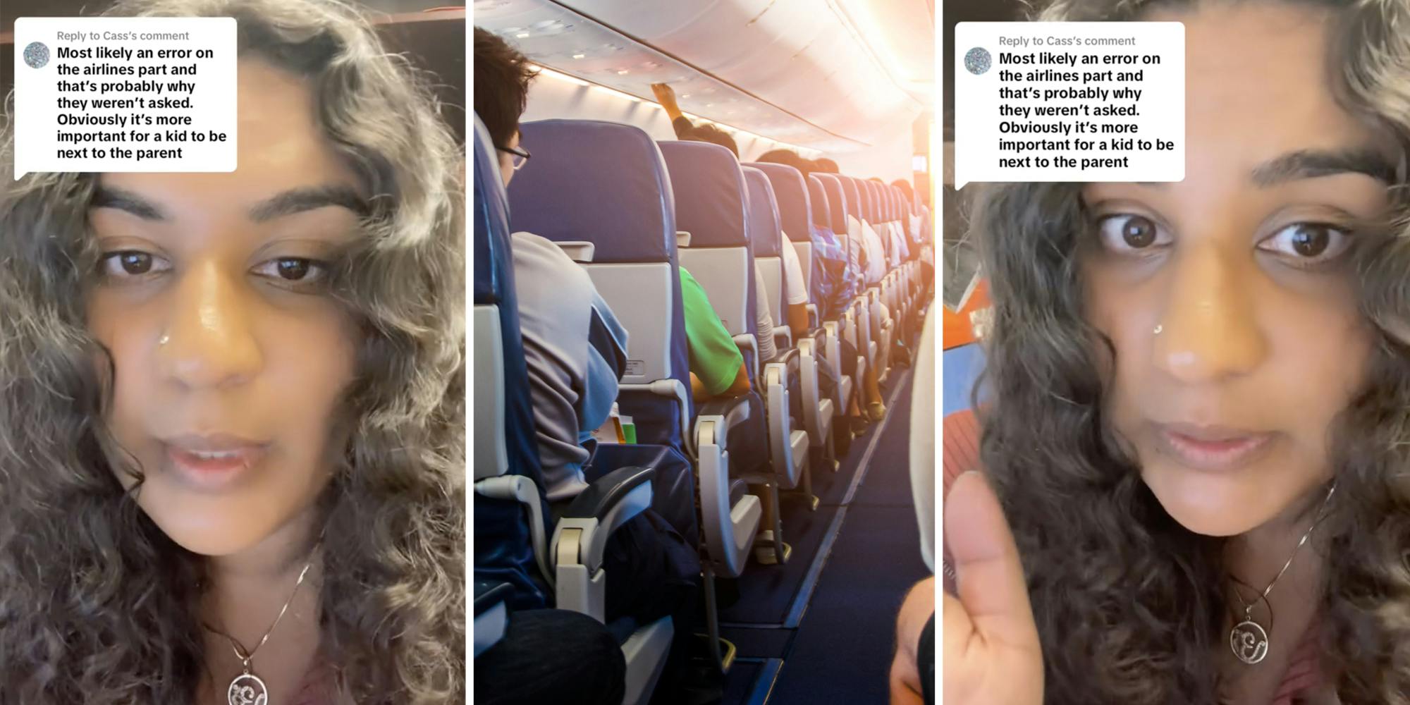Woman talking(l+r), Airplane seats(c)