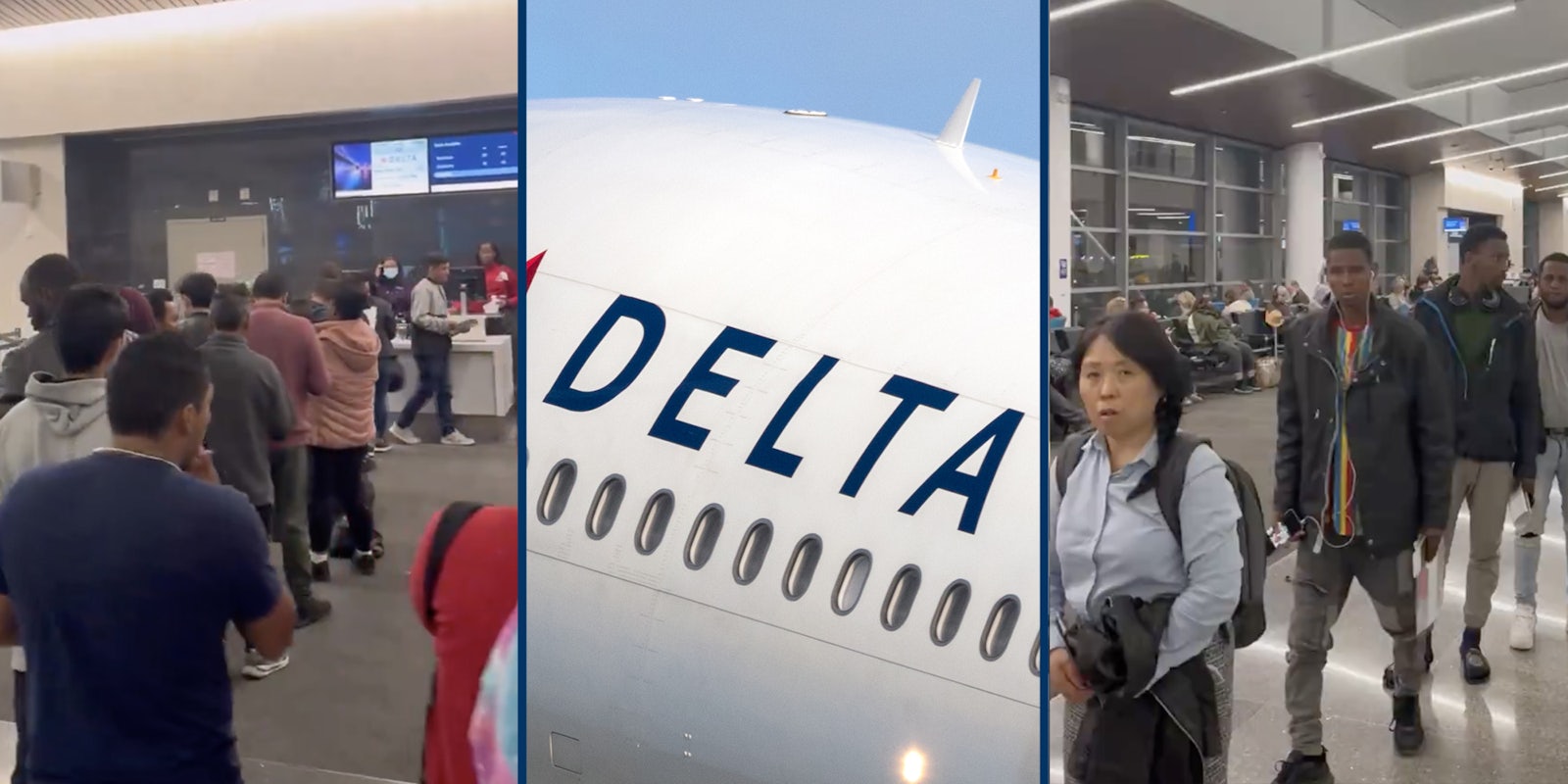 People standing in line(l+r), Delta airplane(c)