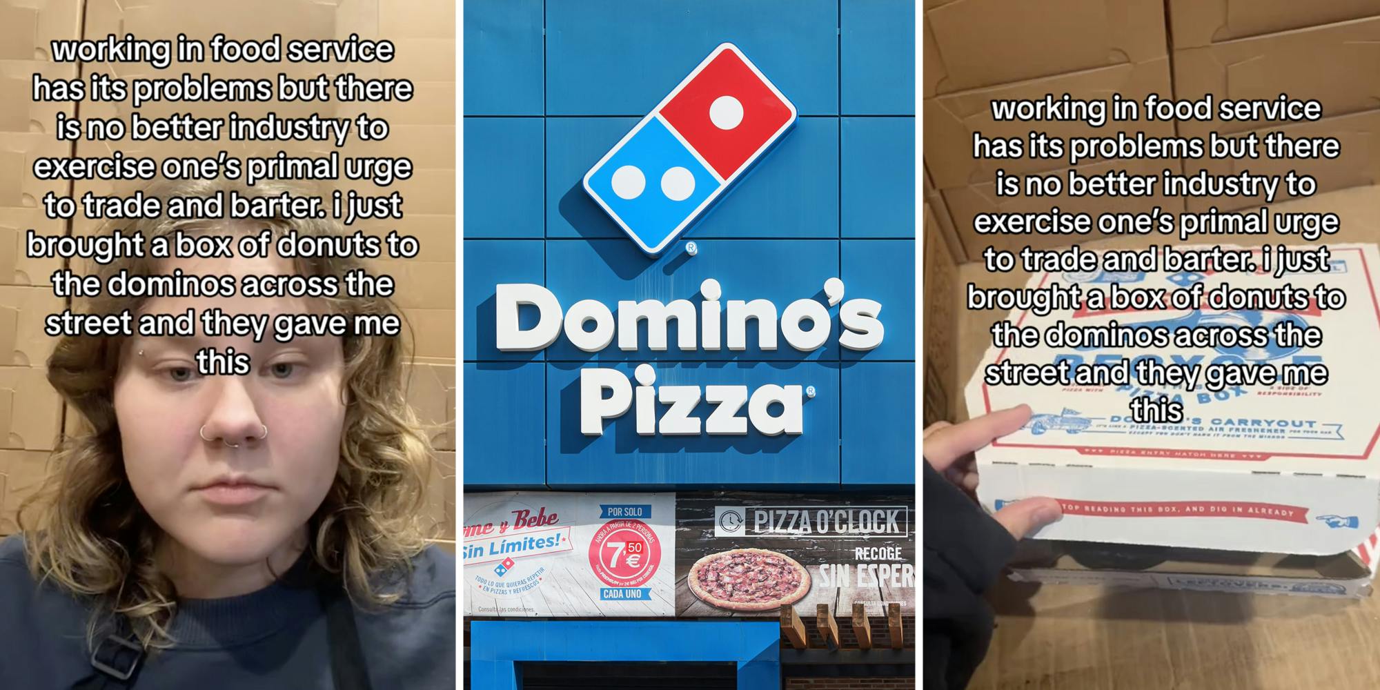 Person behind text(l), Dominos Pizza(c), Dominos box under text(r)