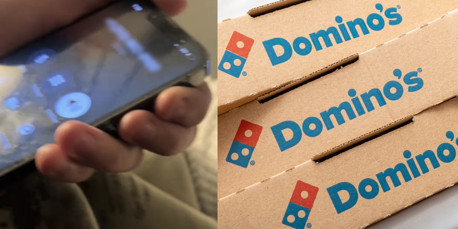 (l) Hand holding phone (r) Domino's boxes