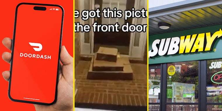 Hand holding phone with Doordash app open(l), Boxes on porch(c), Subway sign(r)