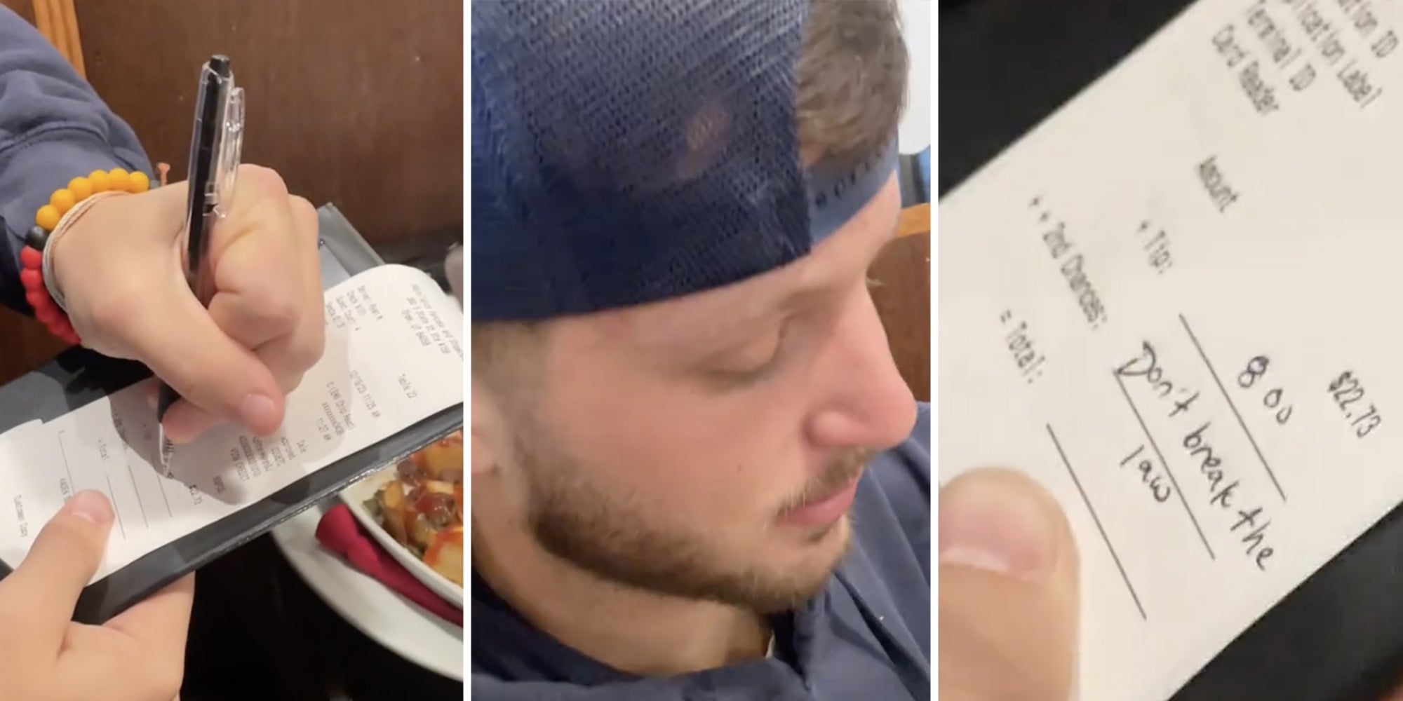 man signing bill(l+r), Man looking surprised(c)