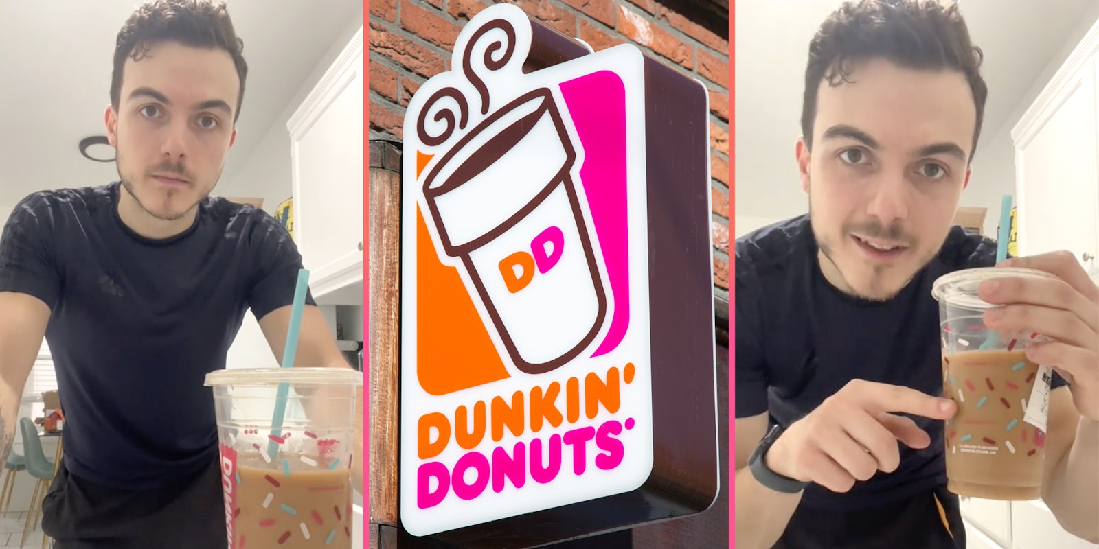 Man talking with coffee(l+r), Dunkin Donuts sign(c)