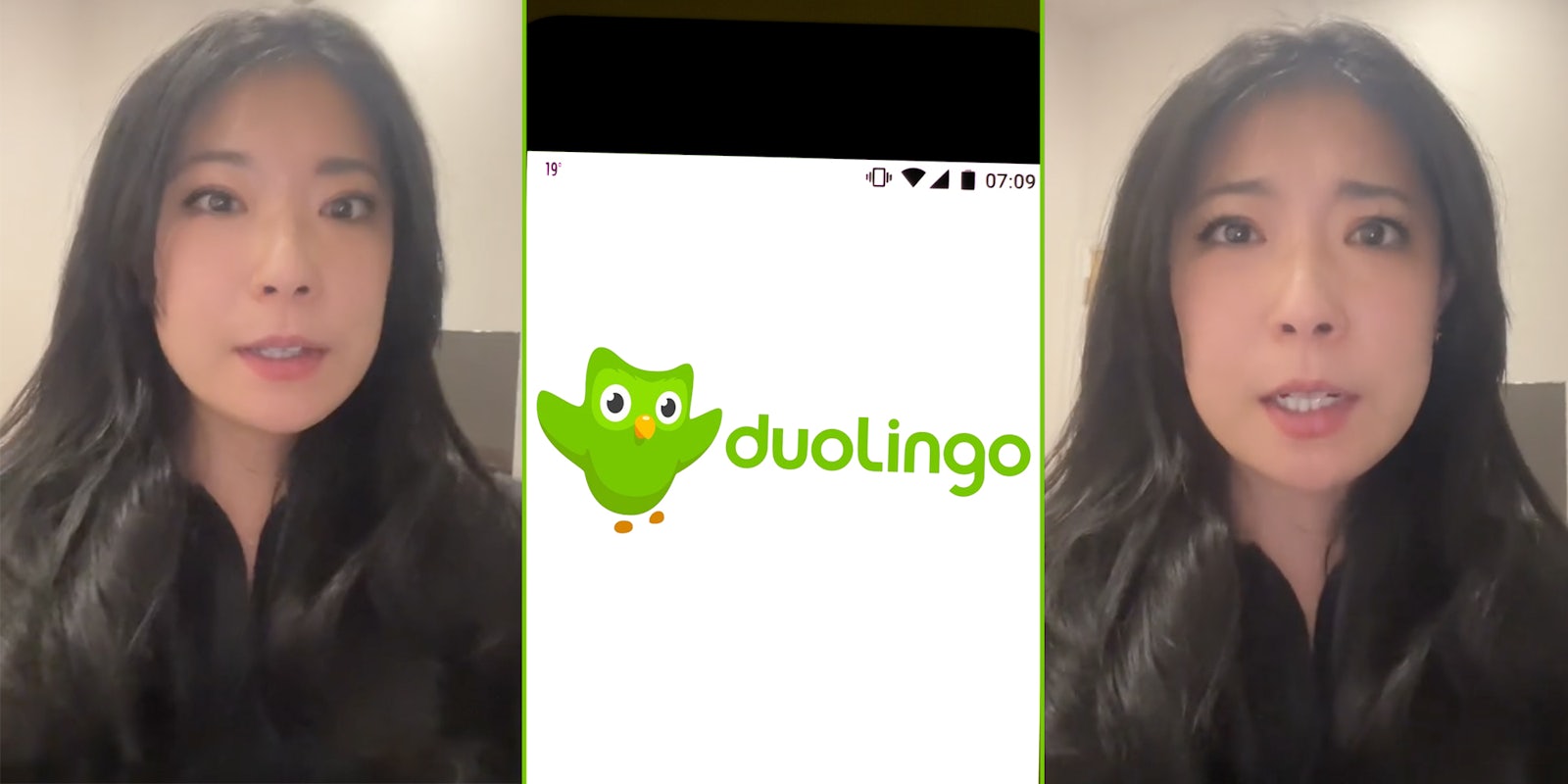 Woman talking(l+r), Duolingo app(c)