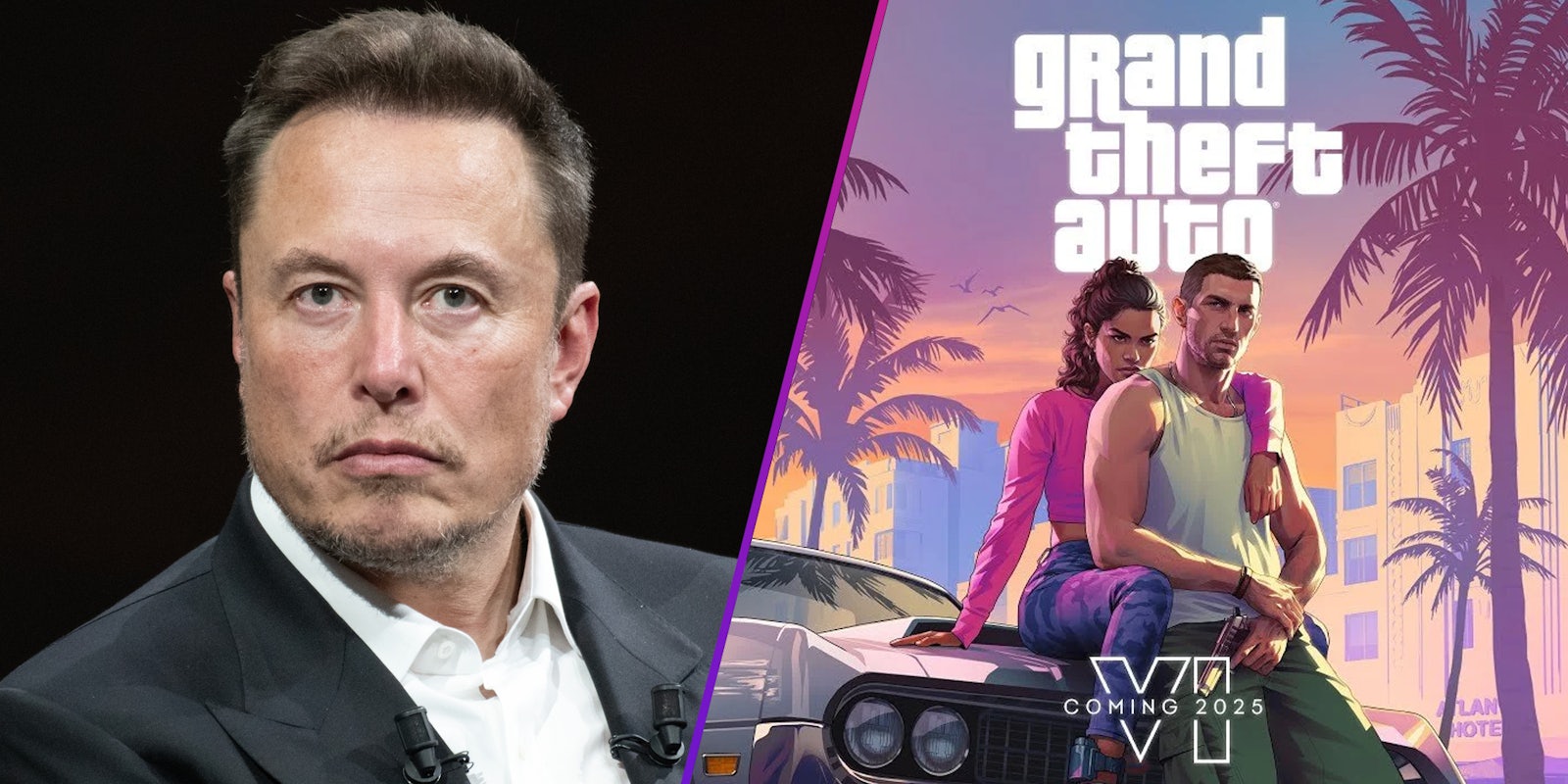 Elon Musk(l), Grand Theft Auto 6 poster(r)