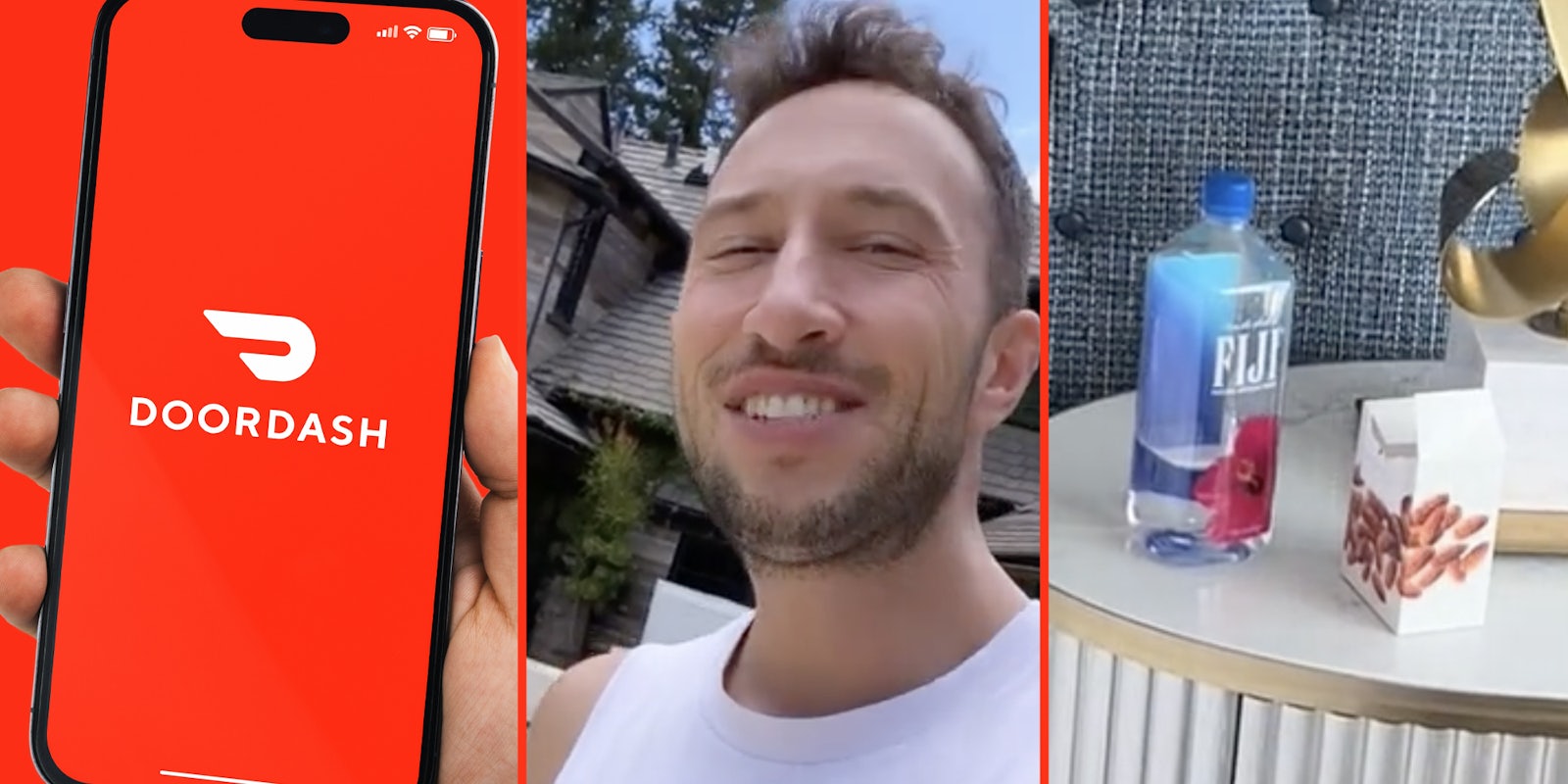 Phone with door dash app(l), Man smiling(c), Water and coffee(r)