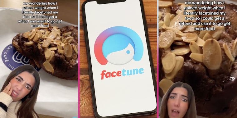 Woman looking shocked in front of food(l+r), Facetune app(c)