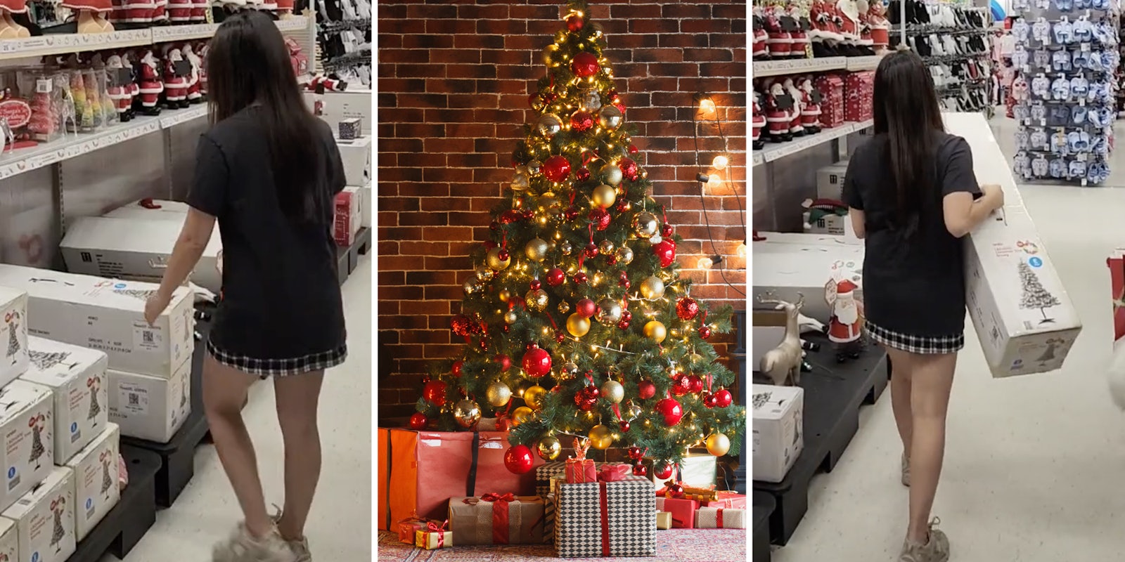 Woman shopping for christmas tree(l+r), Christmas tree(c)