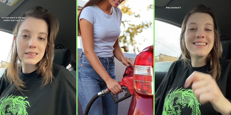 Two screenshots of a person talking to the camera. In the middle is a person pumping gas. 