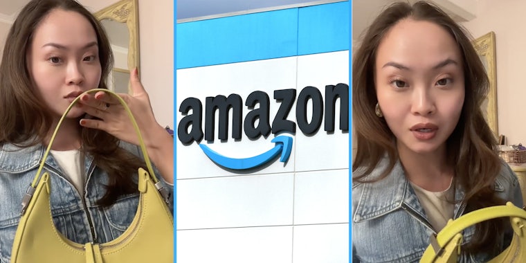 Woman with purse(l+r), Amazon sign(c)