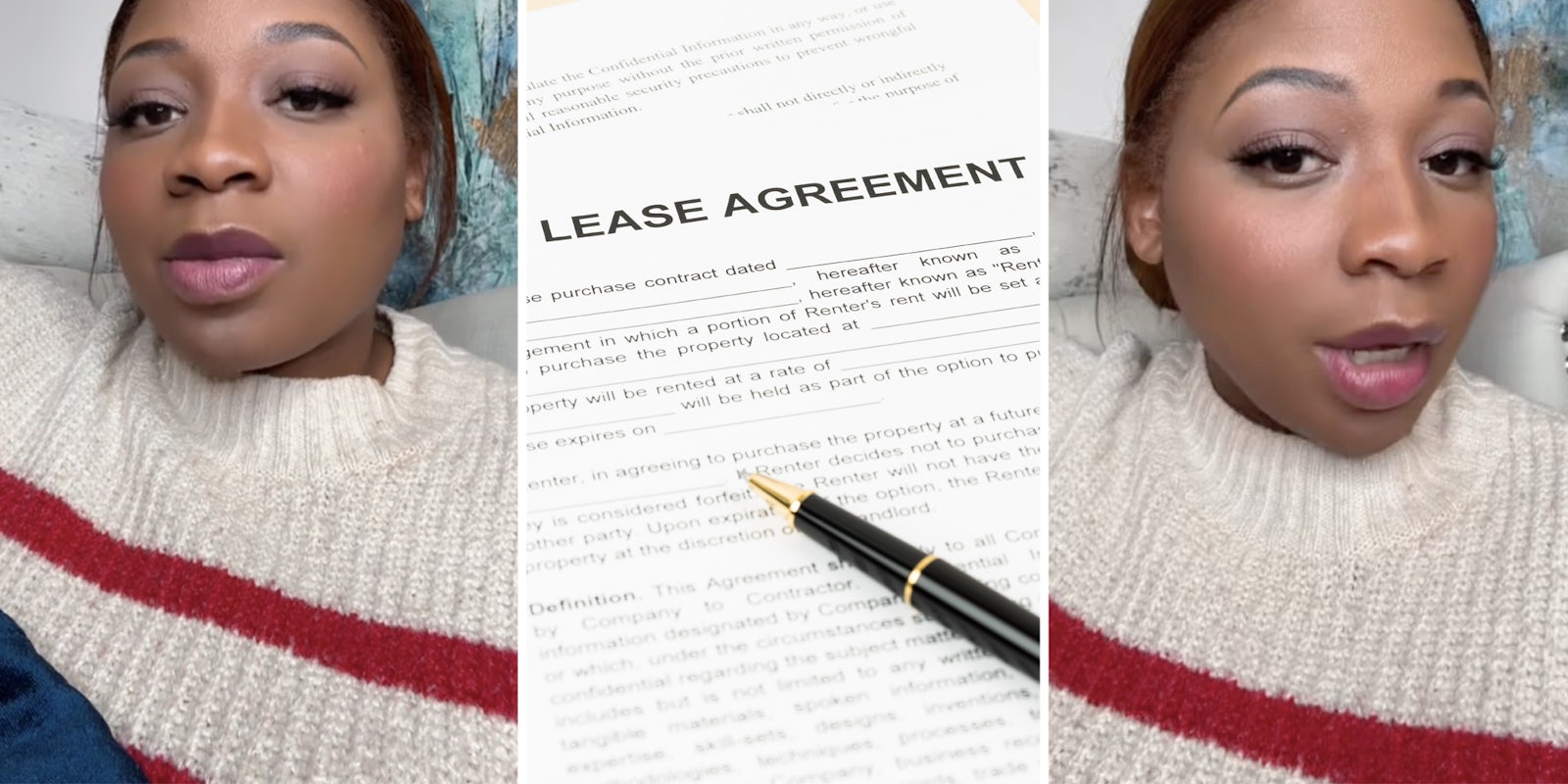 Woman talking(l+r), Lease agreement(c)
