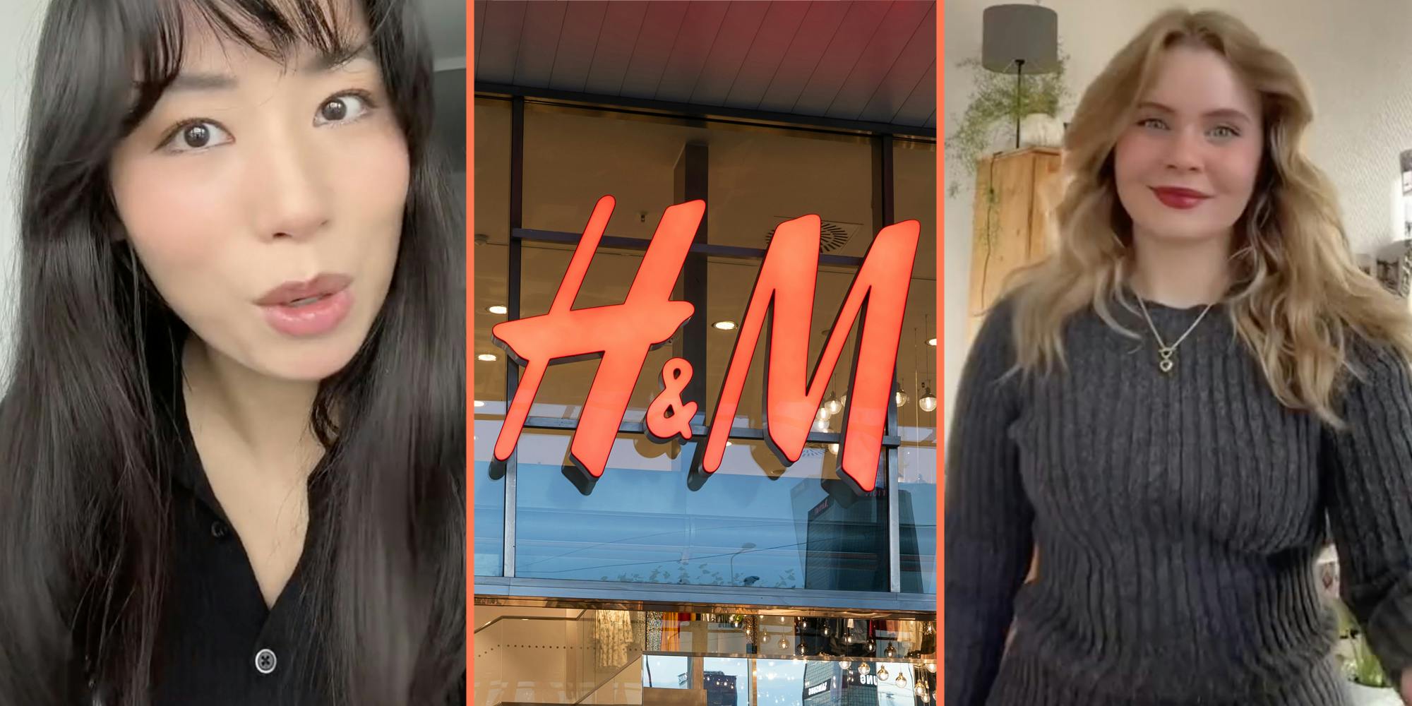 Woman talking(l), H&M store(c), Different woman in sweater(r)