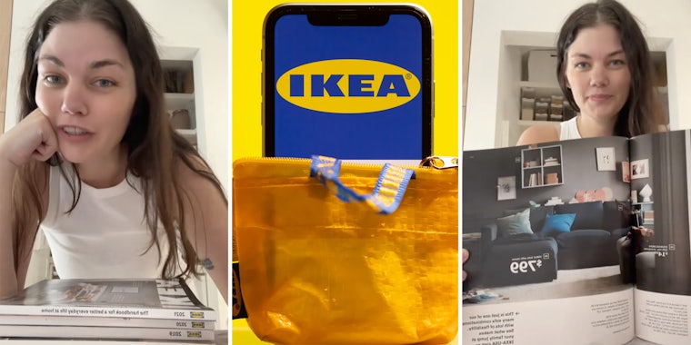 Woman talking(l), Ikea app on phone behind ikea bag(c), Woman holding open magazine(r)