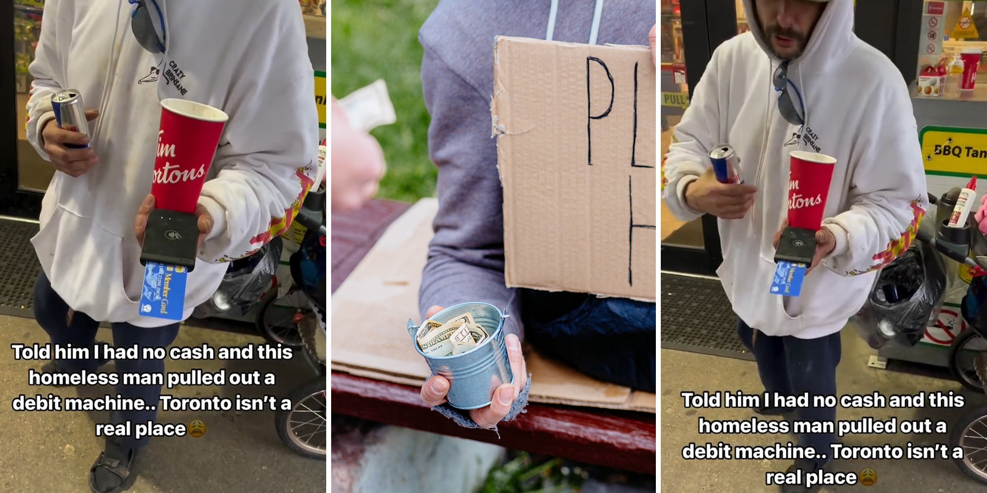 Unhoused man asks pedestrian to put their card in handheld card reader after they say they have no cash