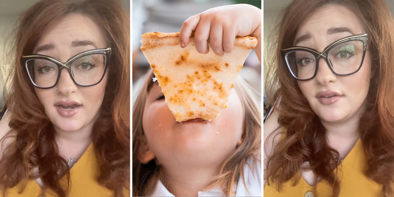 Woman talking(l+r), Kid eating pizza(c)